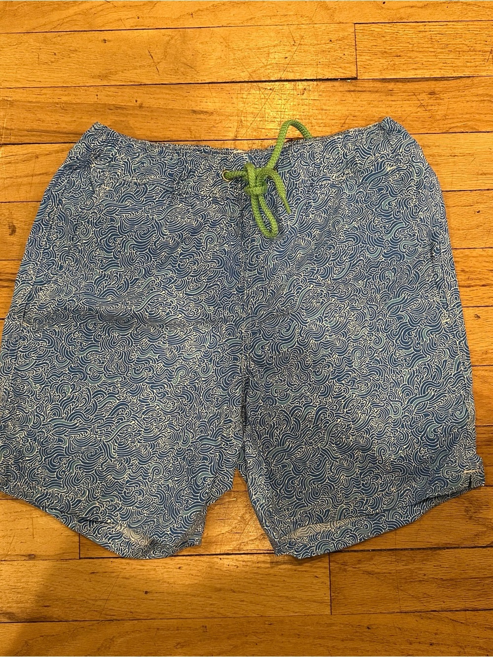 J. Crew Blue Swirl-Print Swim Trunks with Lime Drawcord